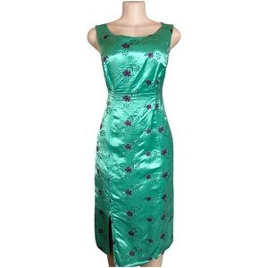 Vtg Betsey Johnson Satin Floral Midi Dress M Green Embroidered Slip Y2K 90s